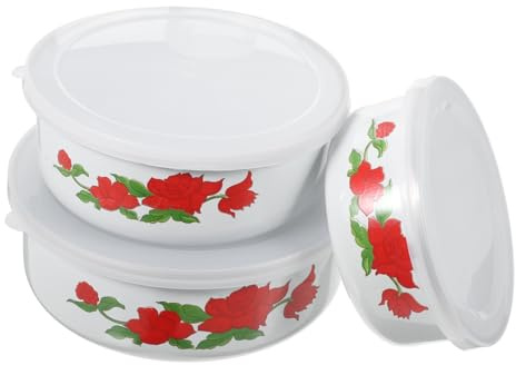Amosfun Lot de 3 Bols de Conservation en Émail, Couvercle, Faciles à Nettoyer, pour Garder les Aliments au Frais, Format Grand, Moyen et Petit