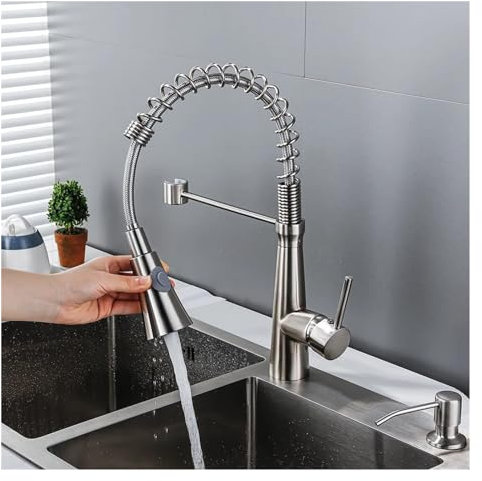 Grifo de cocina de latón negro/plateado/cepillado, grifos giratorios de 360 ​​° for cocina, grifo mezclador de agua fría y caliente con 2 mangueras(Brushed)