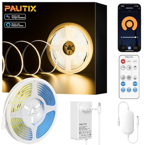 PAUTIX WiFi COB LED Streifen 10M Warmweiß 2700K,Dimmbar Flexibel Smart LED Strip Kompatibel mit Alexa/Tuya,CRI90+,480LEDs/m 24V LED Band mit RF Fernbedienung und Netzteil für Home DIY Dekoration