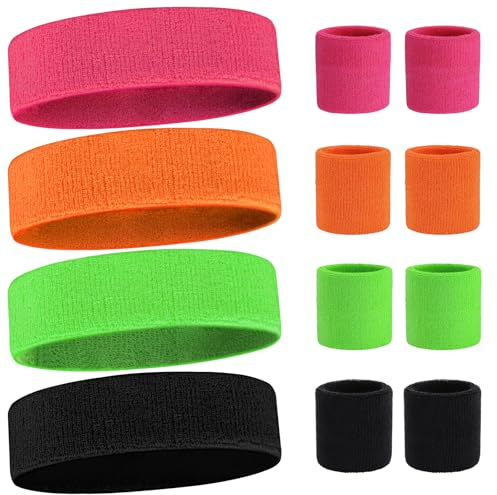 12 Stück Schweißband Handgelenk, Schweißbänder Handgelenk Stirnband Neon Set Sportstirnband für Basketball Laufen Radfahren Karneval Kostüme Dekoration
