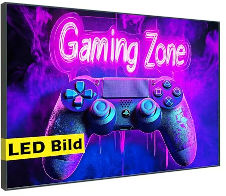 Leuchtbild I Controller Gaming Zone I LED Wandbild I Leuchtende Gamer Leinwand mit Rahmen - Made in Germany (Controller Gaming Zone, 40x30 cm, Rahmen: Holz Flora)