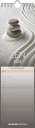 Alpha Edition - Streifenplaner Mini Zen 2026 – Streifenkalender 9,5x33 cm – Für Harmonie- und Achtsamkeits-Liebhaber – 12 Naturfotografien – Deutsches Kalendarium mit Feiertagen & Mondphasen
