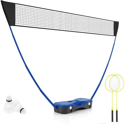 GYMAX Badmintonnetz mit Ständer, Badminton Set mit Netz, Schläger, 2 Federbälle & Aufbewahrungsbox, Spaß für jung und alt, Volleyballnetz Garten für Volleyball, Badminton & Tennis (Blau)