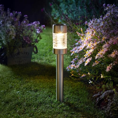 Festive Lights - 57cm Martello Solar Stainless Steel Garden Stake Light - Dual Warm & Cool White LEDs, Weather Resistant, IP44 Outdoor Pathway Lighting - Rechargeable Battery & Elegant Swirl Design