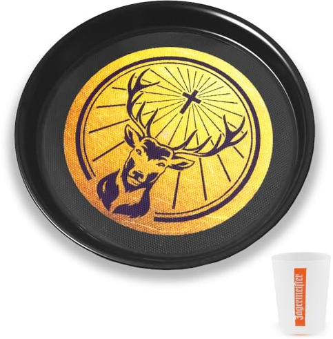 Original Jägermeister Servier-Tablett Kellner Barkeeper Teller Platte mit Anti-Rutsch-Matte | rund mit 37cm Durchmesser | schwarz mit Logo in orange + Jägermeister Kunststoff-Probierbecher