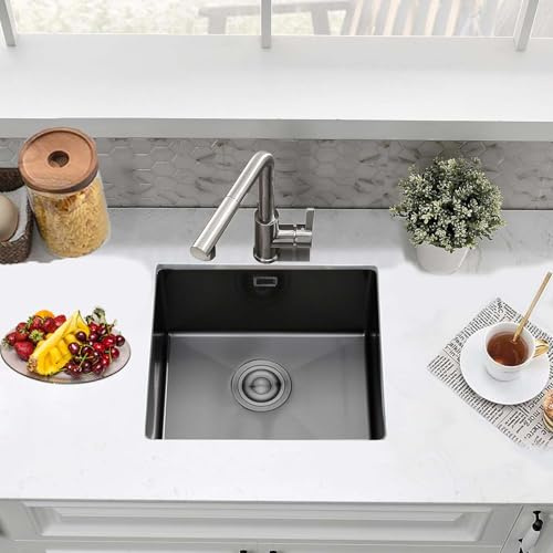 Fregadero de cocina negro de acero inoxidable de 40 x 40 cm, de un solo seno, para exterior, para autocaravana, con silenciador, escurridor, instalación bajo encimera, empotrada o sobre encimera, co