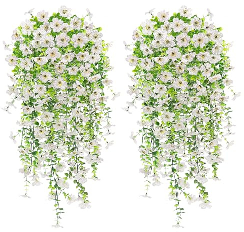MOTONG 4 PCS Artificial Hanging Flowers, UV Resistant Trailing Artificial Plants Outdoor, Suitable for Fake Artificial Flowers Wall Wedding Party Baskets Indoor Home Garden Decoration White