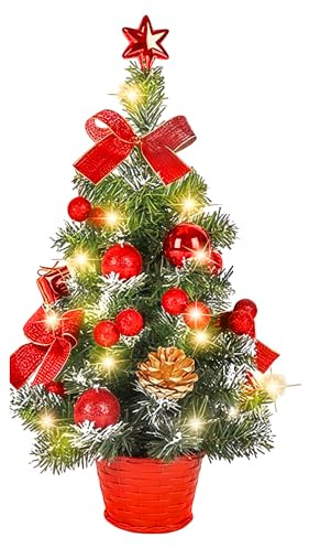 Mini Weihnachtsbaum Beleuchtet, Afenau 40cm Kleiner Weihnachtsbaum mit Beleuchtung, Tisch Weihnachtsbaum, Künstlicher Weihnachtsbaum Klein für Weihnachtsdekoration, Zuhause, Büro(Rot)