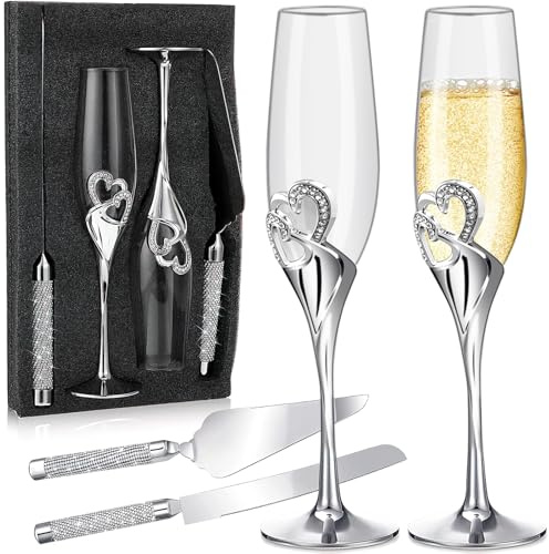 Kaxtde Champagnergläser Hochzeit mit Tortenmesser und Tortenheber Set, Sektgläser Weingläser Cake Cutting Set mit 2 Sektgläsern für Geschenk Weihnachten Valentinstag Verlobung Jubiläum Brautpaar