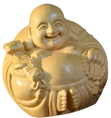 IMIKEYA Adorno de Madera de Boj Tallado Maitreya Buda Decoración de Escritorio Artesanal Mediana Diseño Delicado para Ambiente y Regalo Espiritual