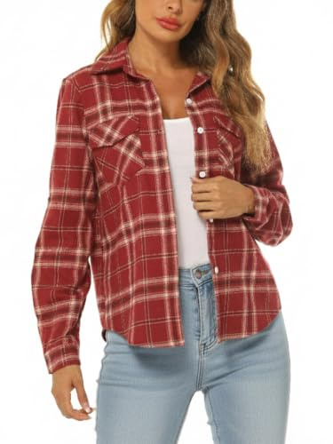 Famrrifuu Check Shirt Women Long Sleeve Plaid Button Down Casual V Neck Boyfriend Flannel Shirts Blouse, Pink Red, S