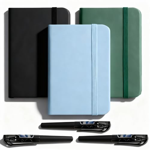 3 Stück Notizbuch Klein, Mini Notizbücher Set Stift mit 3 Stiften Notizbücher Set Taschennotizbuch mit Gummizugverschluss Taschen Journal Notizblock für Schule Büroarbeiten (Schwarz, Blue,Grün)