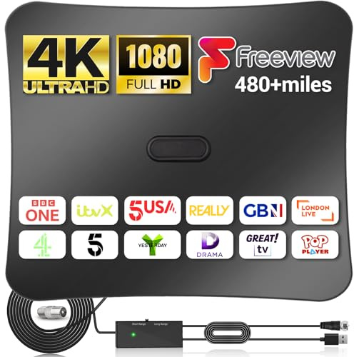 Indoor TV Aerial - 2026 Upgrade Digital Aerial with Booster 350+ Long Range Reception for Freeview TV Support 4K 1080P HDTV & 5M Coax Cable (Flat)