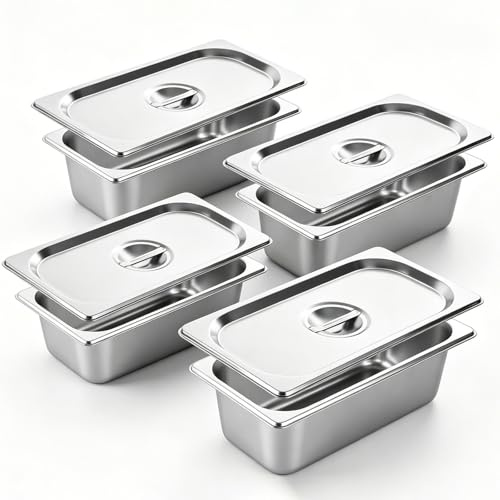 LOLYSIC 4 Pack 1/3 Gastronorm Pans with Lids, 325x175x100MM Stainless Steel Containers 1/3 GN Pans Bain Marie Pots Food Containers with Lids