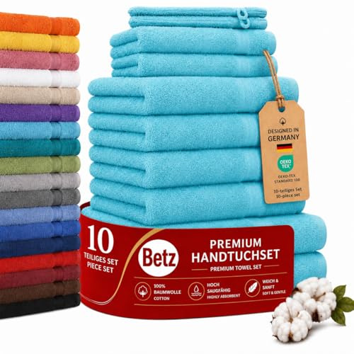 Betz Premium Handtuch-Set mit 10 Teilen – 100% Baumwolle, 4 Handtücher 50 x 100 cm, 2 große Duschtücher 70x140 cm, 2 Gästetücher 30 x 50 cm, 2 Waschhandschuhe, türkis