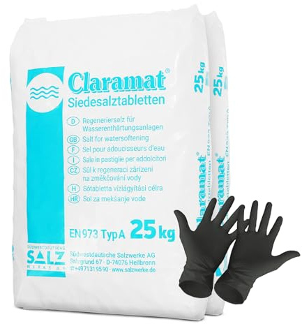 Claramat Siedesalz Tabletten 2 x 25kg (50kg) Siedesalztabletten Regeneriersalz Enthärtersalz inklusiv 1 Paar ARNOMED Einweghandschuh