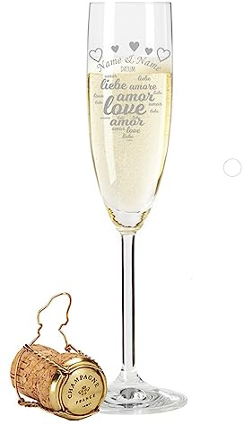 GRAVURZEILE Leonardo Sektglas - Amore Design - personalisiert mit Namen & Datum - Geschenk zur Hochzeit, Verlobung & Jahrestag oder Valentinstag - ein perfektes Hochzeitsgeschenk - Einzelglas