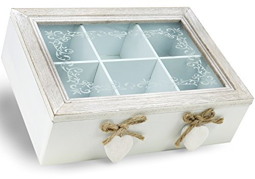 com-four® Scatola dal Design Vintage per tè e bustine di tè - Scatola da tè in Legno con 6 Scomparti e Finestra in Vetro, 23,1x7,1x16,8 cm (1 Pezzo - Cuori Marroni/Bianchi)