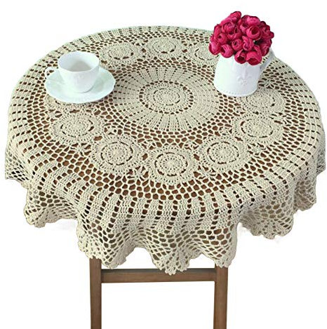 Yizunnu Runde handgefertigte Häkel-Tischdecke aus Baumwolle mit Spitze, Tischdeckchen für Hochzeit, Party, 90 cm