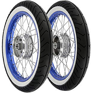 Set: 2 Kompletträder 1,5x16 Alufelge blau + Edelstahlspeichen + Weißwandre