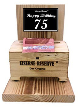Originelle lustige Geldgeschenke zum 75. Geburtstag Geschenkideen für Männer und Frauen - Eiserne Reserve Geldbox - Text s/w Happy Birthday 75 Geburtstag
