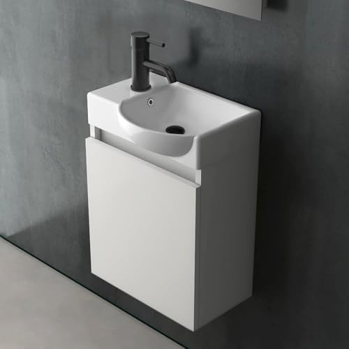 Alpenberger Gäste WC Waschbecken mit Unterschrank Keramik 45x25 cm Weiß | Gäste WC Möbel aus Keramik & MDF: kleiner Waschtisch hängend mit Soft-Close Tür, Überlauf & grifflos – Rechts Becken