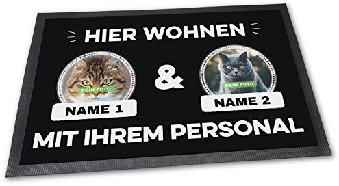 PfotenSchild Fußmatte mit Zwei Katzen - Hier Wohnen - Personalisiert mit WUNSCHFOTOS und Wunschnamen Katzenbesitzer - 75 x 50 cm