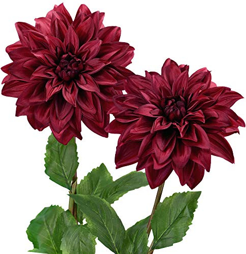 FiveSeasonStuff Artificial Flowers Dahlia Silk Flowers for Outdoors Indoors and Tall Vases 2 Stems (Merlot Red)