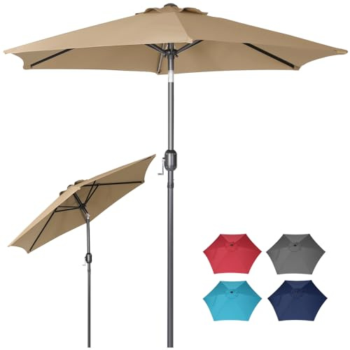 Panana 2.7M Garden Parasol Umbrella with Tilt & Crank, UV Protection Sun Shade Patio Umbrella, Vented Canopy, Steel Frame, Outdoor Parasol for Garden, Balcony, Terrace Khaki