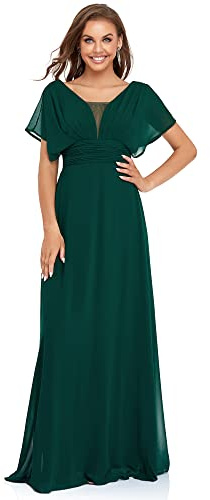 Ever-Pretty Vestiti da Cerimonia Lungo Stile Impero Chiffon Scollo a V Maniche con Volant Donna Verde Scuro 48