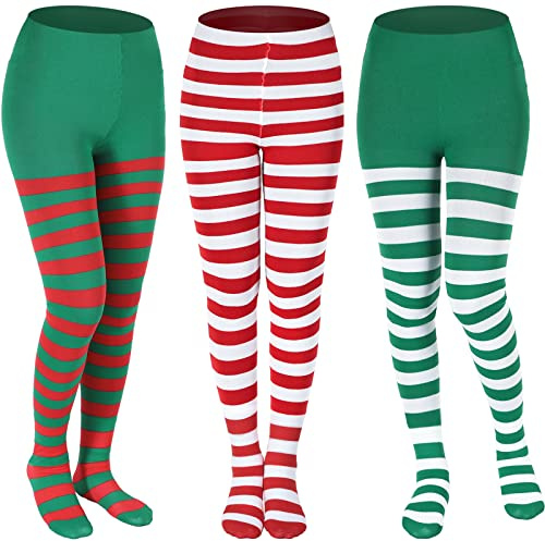 Medias de Navidad a Rayas, 3 Pares Con Pies Completos, Rojo, Verde, Blanco, Para Disfraz de Mujer, Talla Única