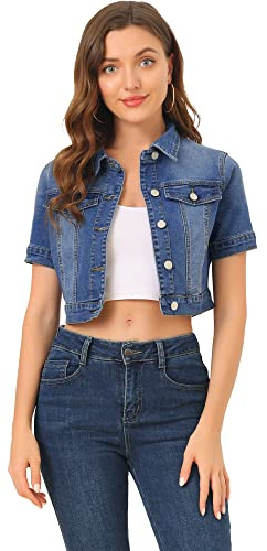 Allegra K Veste Jean Femme Rétro Blouson Denim Courte Boutonnage Col Revers et Taille Cintrée Manches Courtes Style Vintage Décontracté Bleu XS