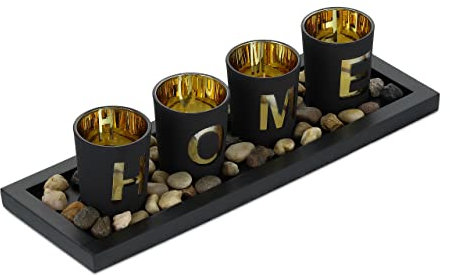 Relaxdays Teelichthalter Set mit Tablett & Steinen, 33 cm, Tischdeko Wohnzimmer, Esszimmer, Teelichtgläser Home, schwarz