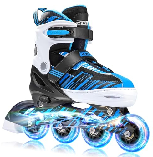 ECOO Adjustable Inline Skates Boys and Girls with Light up Wheels，Roller Skates for Kids Ages 4-12, Teen Skates for Beginner Outdoor and Indoor (Blue, Large-Youth（3-6 US）)