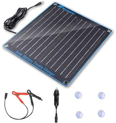 Nicesolar 10W 12V Solar Panel Car Battery Trickle Charger & Maintainer with Cigarette Lighter Plug & Alligator Clip & Battery Cable for Car Automotive Motorcycle Boat Marine Snowmobile Watercraft RV