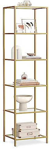 VASAGLE Regal mit 6 Ablagen, Badregal, gehärtetes Glas, einfache Montage, für Badezimmer, Wohnzimmer, Küche, Büro, transparent-metallisches Gold LGT500A01