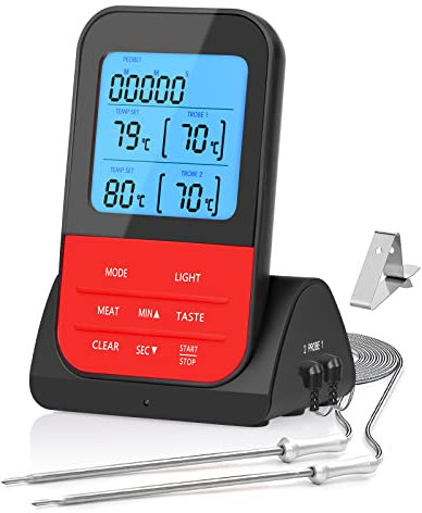 Termómetro Cocina Digital de Doble Sonda con Modo Temporizador Grande Retroiluminación de LCD Termómetros de Barbacoa para Horno BBQ Carne Alimentos Líquido Parrilla Asados