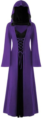 FSUJWOA Disfraces de Halloween para adultos medieval con capucha maxi vestido para mujer moda túnica cosplay(Morado Y Negro, 4XL)