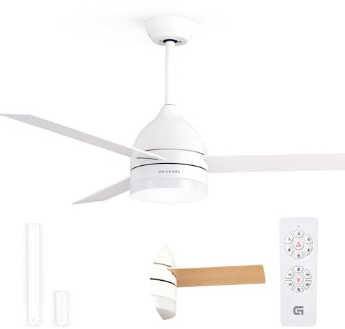 Grunkel - Ventilador de Techo con luz LED y aspas instalación reversibles blanco y madera - Mando a distancia. 6 velocidades. Temporizador 8h - 35W (132cm)
