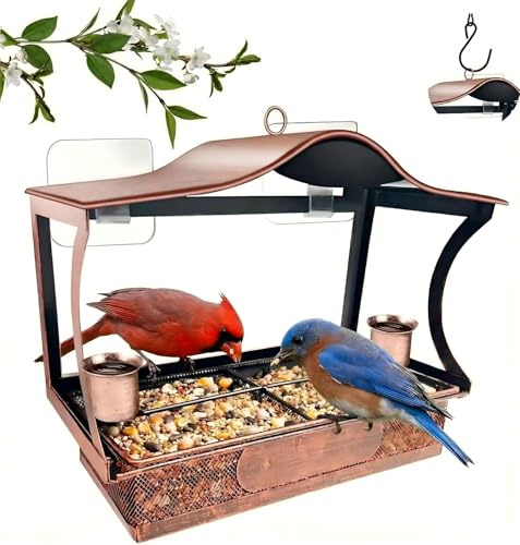 Vogelfutterspender，Vogelhaus Fensterscheibe mit 2 Saugnäpfen，Vogelhaus Fenster Futterhaus, Fenster Futterhaus für Vögel mit 2 Trinkbecher aus Metall für Garten, Hinterhof,lockt Wildfinken