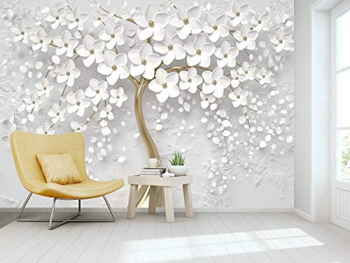 Papier Peint Panoramique Arbre Doré Fleur Blanche 3D Poster Mural pour Salon Chambre Décoration Murale