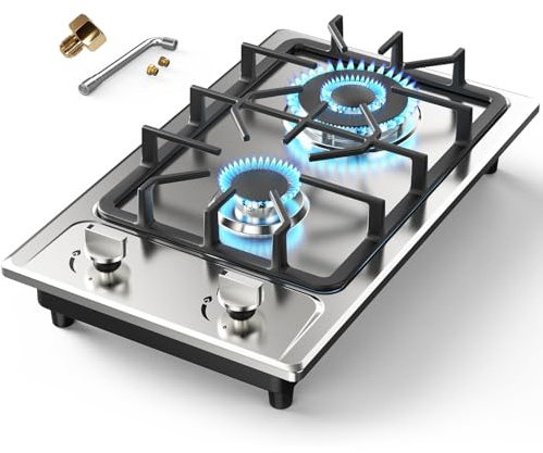 Gas Stove 2 Burner, Propane Cooktop 12 inch, Nafewin Portable Gas Cooktop Stainless Steel Stove Burner with Thermocouple Protection, Lpg/Ng Dual Fuel Built-in Hob for Apartments, Outdoor, Rvs