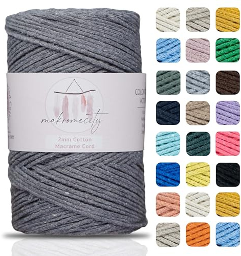 Makromecity, Baumwolle Makramee Garn 2mm x 180m Dunkelgrau Recycelte Baumwolle zum Häkeln Cotton Macrame Cord für Handwerk Wohndekorationen Platzteller Umhängetasche Häkeltaschen Runner