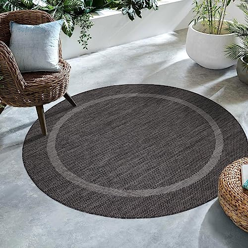 SIMPEX Outdoor Teppich Rund 120 cm Schwarz Bordüre Design Flachgewebe Wetterfest Waschbar für Wohnzimmer Schlafzimmer Kinderzimmer Balkon Terrasse