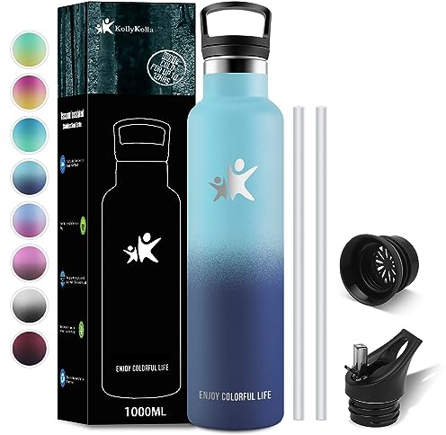 KollyKolla Edelstahl Trinkflasche 1L, Vakuum Trinkflasche Edelstahl, Thermosflasche Kohlensäure Geeignet, mit Strohhalm, BPA-Frei Auslaufsicher Wasserflasche für Erwachsene, Sport, Fahrrad, Camping