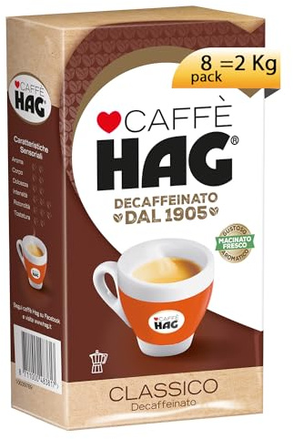 Hag - Caffè Macinato Decaffeinato Gusto Classico Macinato Fresco - Chicchi Pregiati di Arabica e Robusta - Contiene 8 confezioni da 250 gr (totale 2 kg) | 8 confezioni da 250g, Chicchi pregiati di Arabica e Robusta, Per Moka