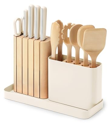 Caraway 14-Piece Kitchen Prep Set - Kitchen Knife Set & Wooden Utensil Set - Made with Premium German Steel Blades & FSC-Certified Birch Wood - Non-Toxic Materials - Includes Organizer - Cream