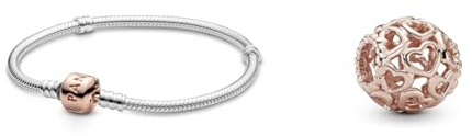 Pandora Moments Schlangen-Gliederarmband mit Zylinderverschluss aus Sterling-Silber & Charm All Over Herzen 14 Karat rosévergoldete Metalllegierung Moments Collection