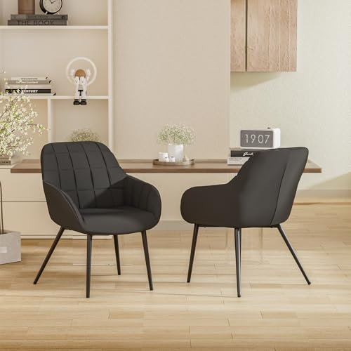 Hawthyhome Esszimmerstühle 2er Set, Küchenstuhl, Stuhl Esszimmer Wohnzimmer, ergonomischer Sessel, Armlehnstuhl, Polsterstuhl, Linen Material,Metallbeine, Schwarz