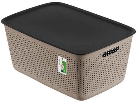 Aufbewahrungsbox 45l mit deckel - 58,5 x 40 x 27 cm - Aufbewahrungskorb Behälter aus Kunststoff BPA Free Körbe zur Aufbewahrung Aufbewahrungsbox Luftzirkulationssystem Stapelbox Kiste, Farbe Taupe